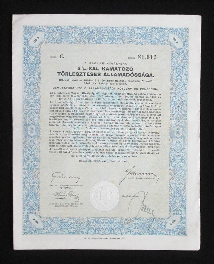 Államadóssági Kötvény Járadékkölcsön 100 pengõ 1942